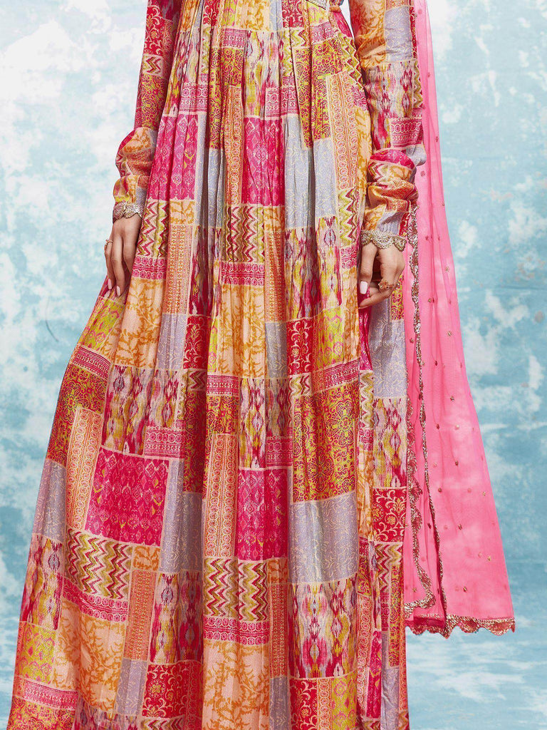 Spectacular Multi-Color Digital Printed Muslin Silk Festival Wear Gown