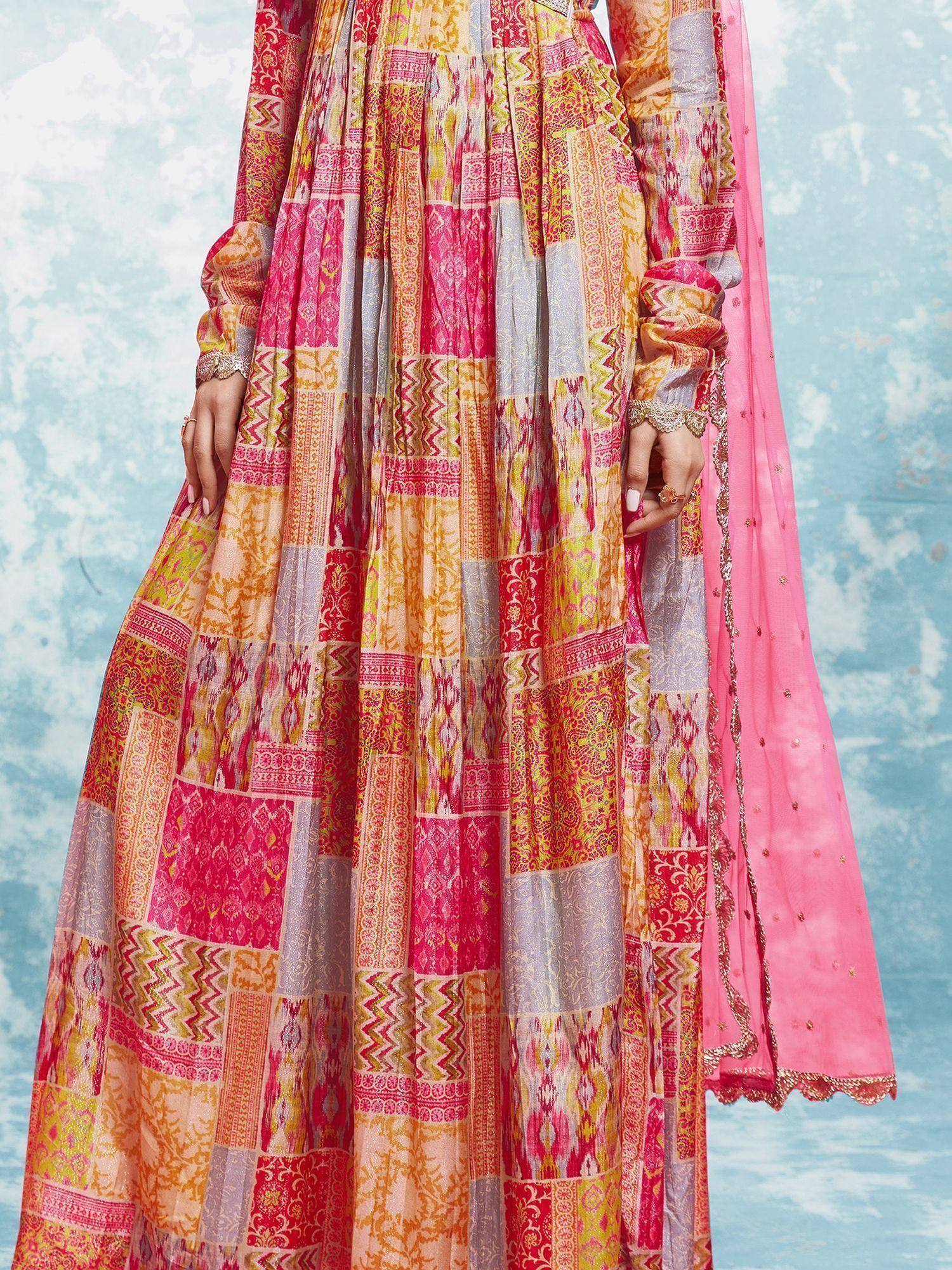 Colorful patchwork ethnic gown with long sleeves and pink embroidered dupatta