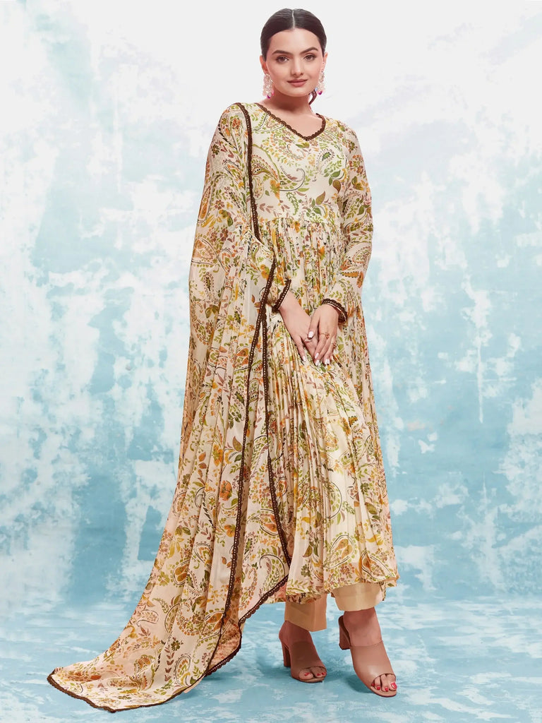 Dazzling Off-White Digital Printed Georgette Traditional Salwar Suit