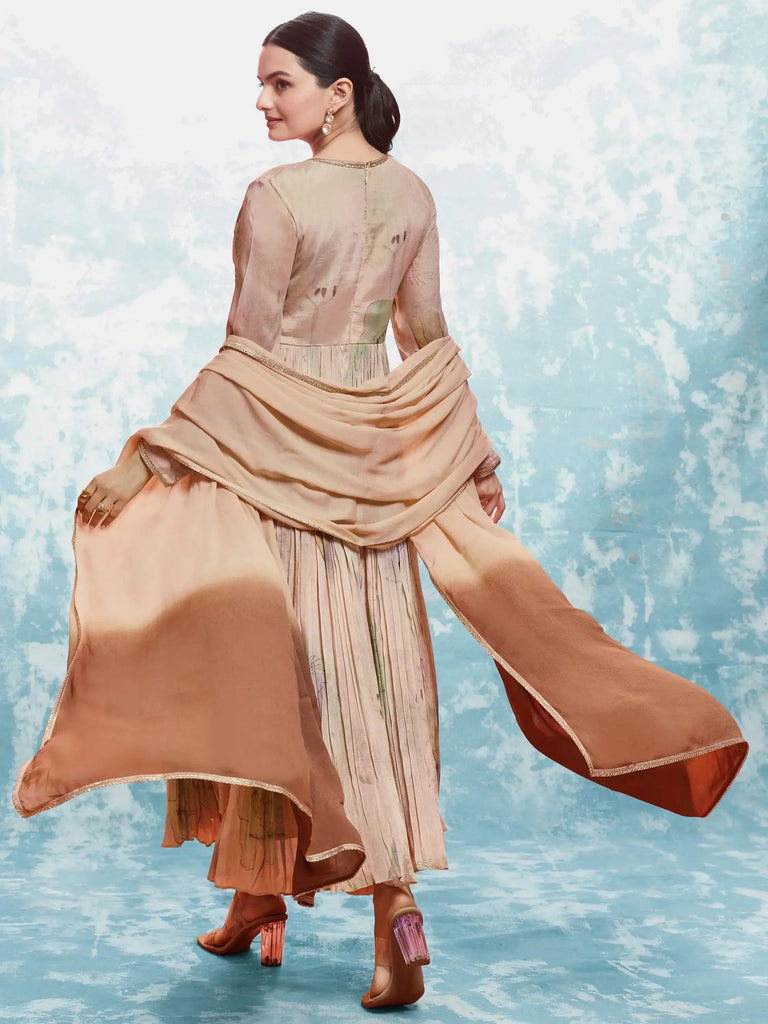 Beautiful Peach Printed Chinon Festival Wear Salwar Suit With Dupatta
