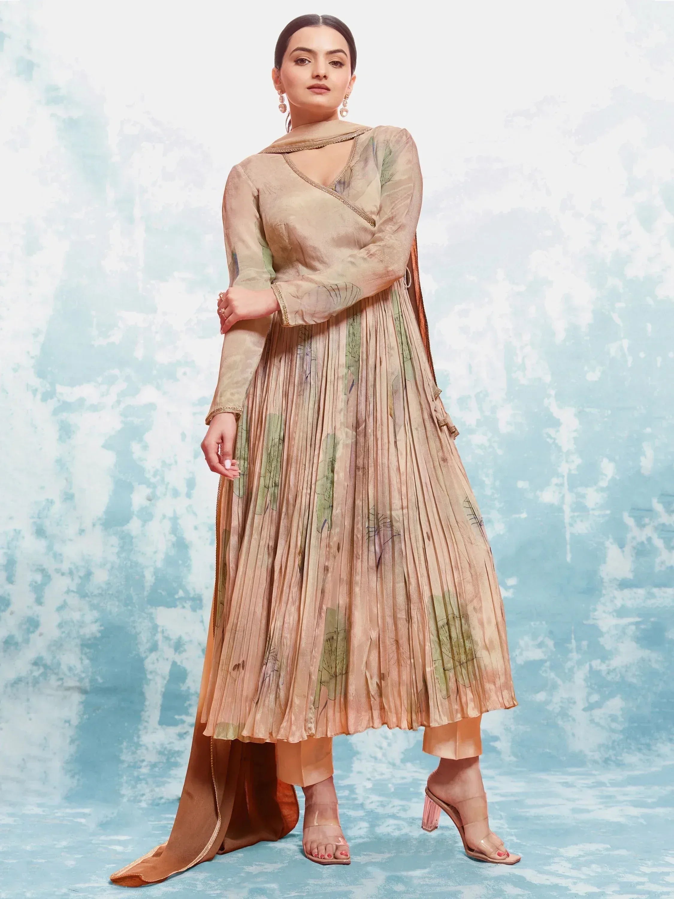 Beige floral pleated anarkali with dupatta, Indian ethnic wear for women