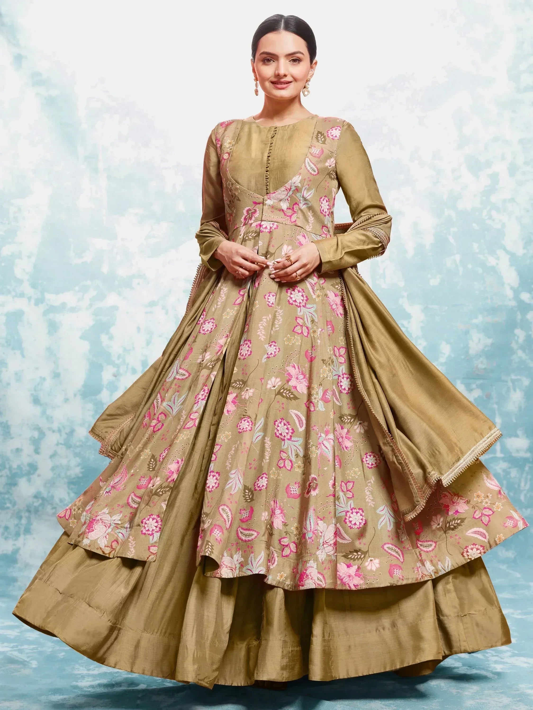 Olive green floral print designer anarkali with layered skirt, perfect for Indian ethnic occasions