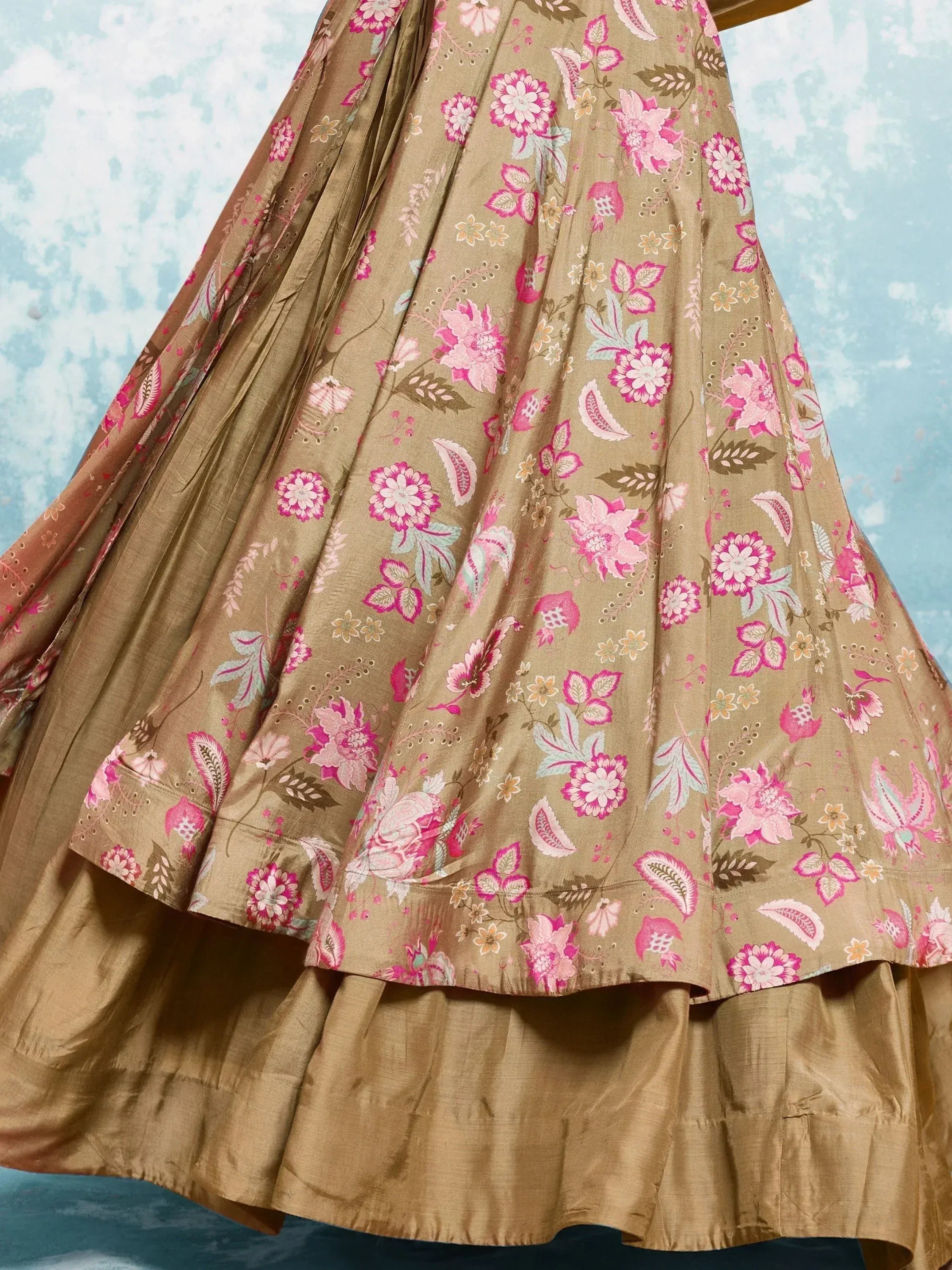 Beige floral lehenga with pink and green print, layered skirt for Indian ethnic wear