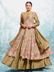 Attractive Brown Printed Georgette Muslin Silk Function Wear Gown