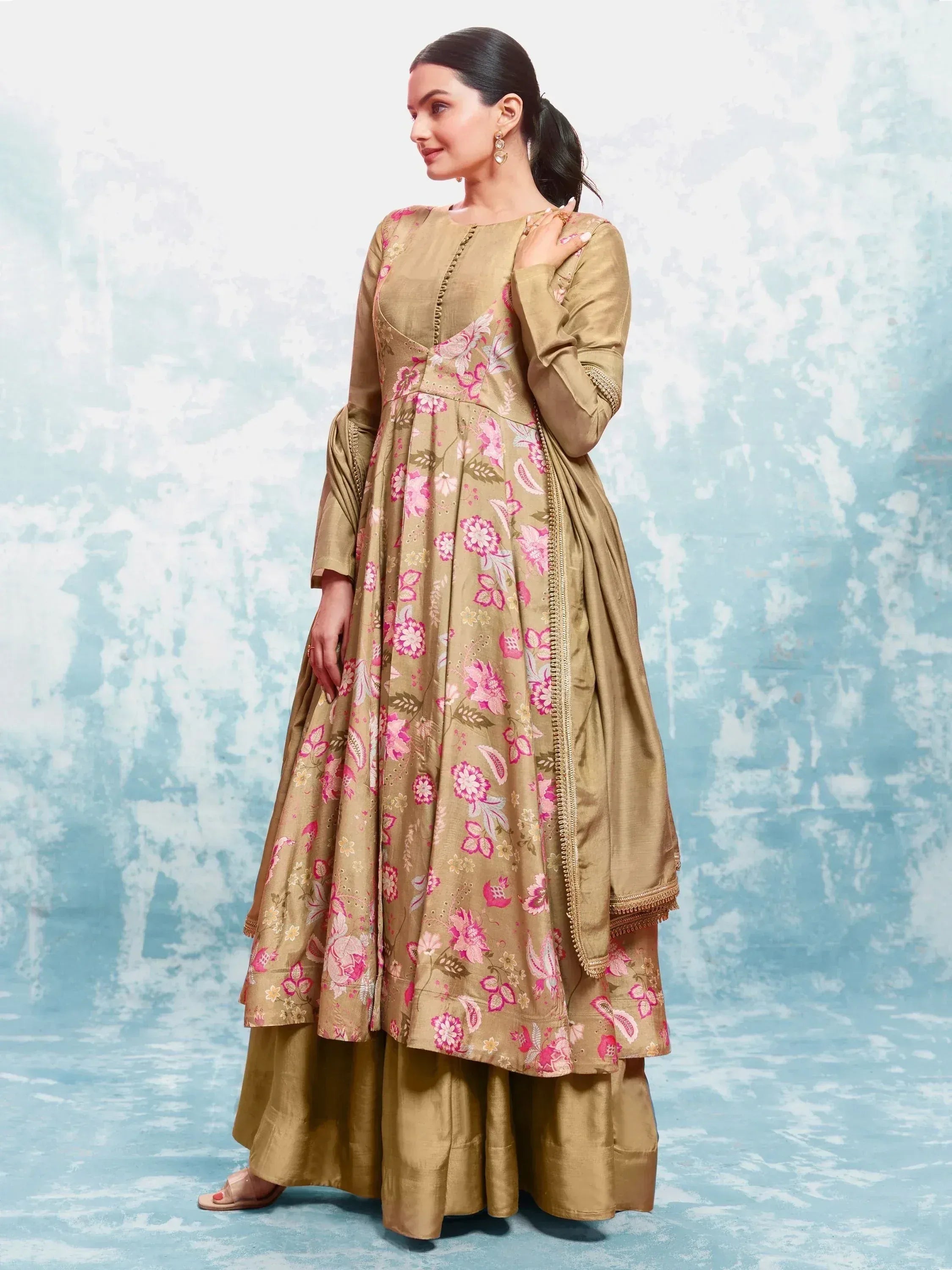 Beige floral anarkali suit with pink embroidery, ethnic Indian wear for women