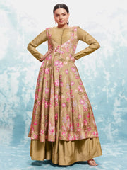 Attractive Brown Printed Georgette Muslin Silk Function Wear Gown