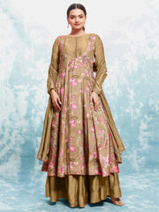 Attractive Brown Printed Georgette Muslin Silk Function Wear Gown
