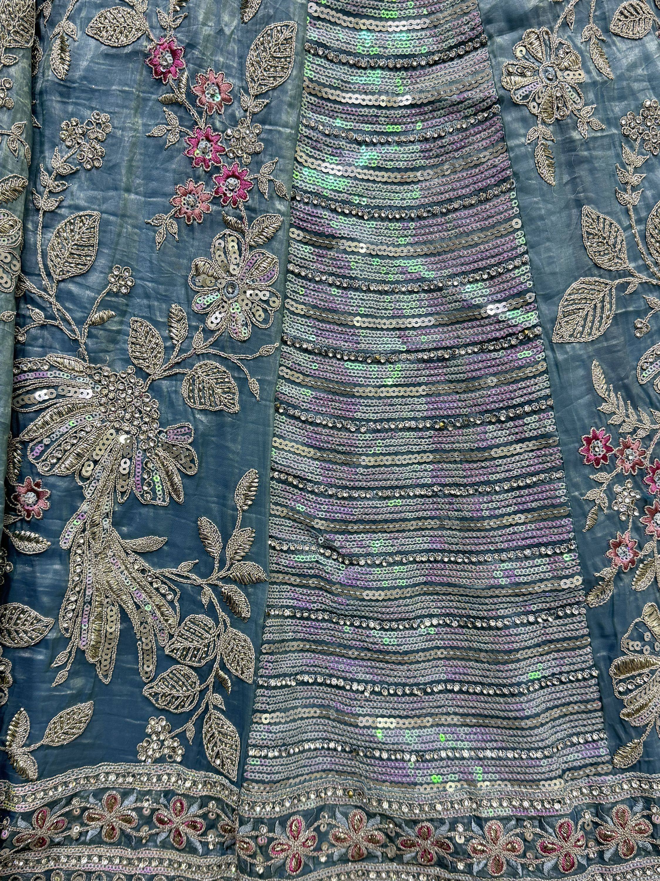 Blue ethnic gown with floral embroidery and sequin detailing for Indian wear