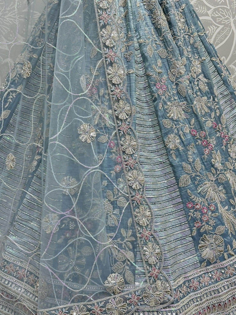 Theatrical Blue Sequins Silk Wedding Wear Lehenga Choli With Dupatta - Ethnic Plus In