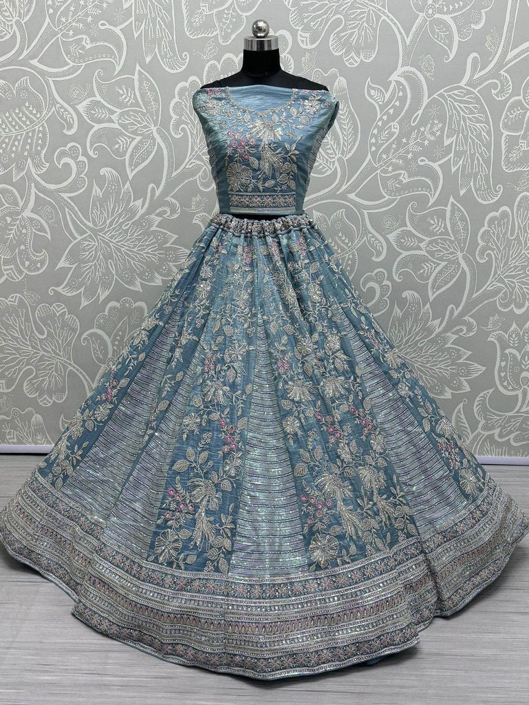Theatrical Blue Sequins Silk Wedding Wear Lehenga Choli With Dupatta - Ethnic Plus In
