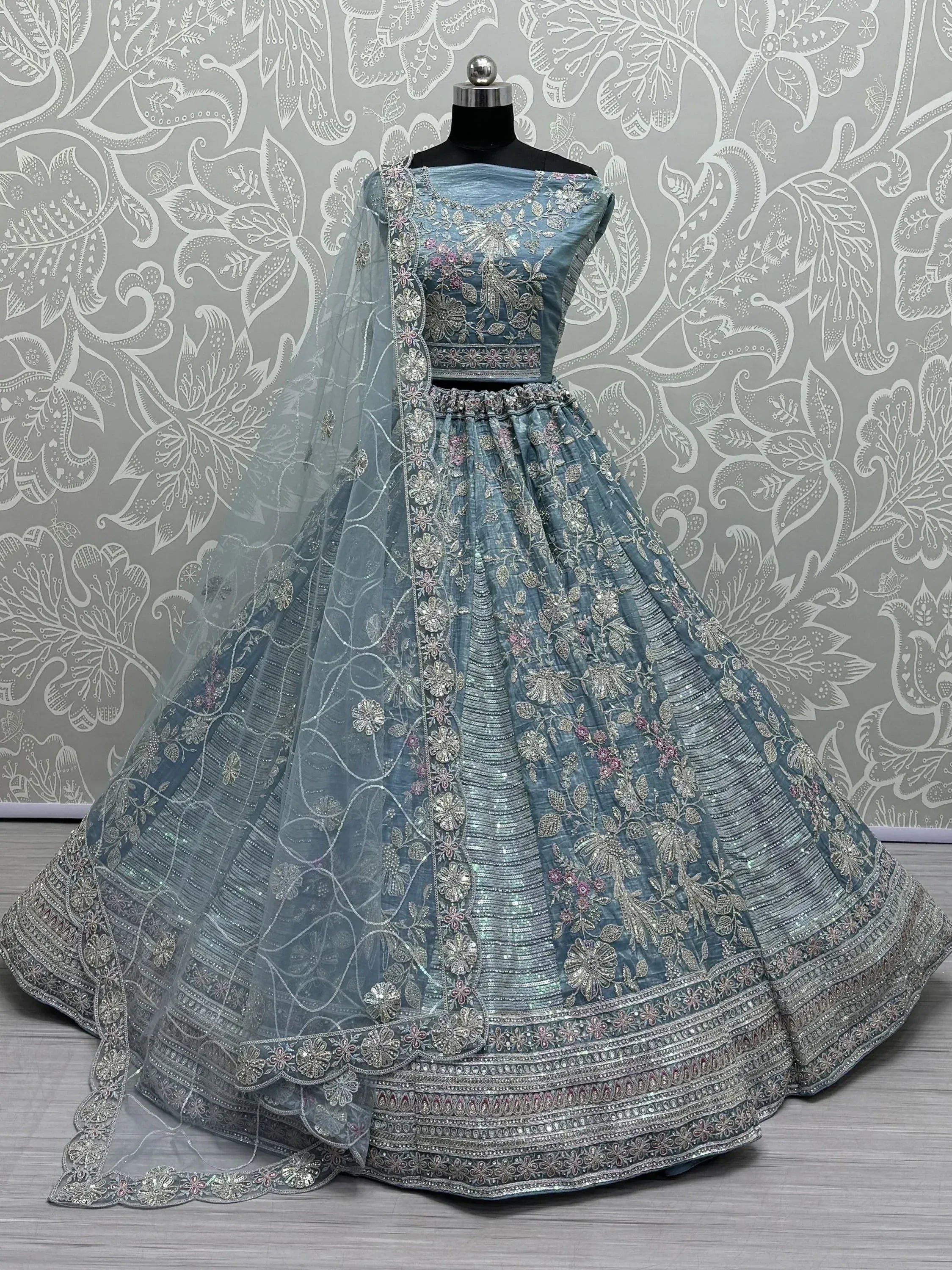 Blue designer lehenga choli with floral embroidery and net dupatta, Indian ethnic wear
