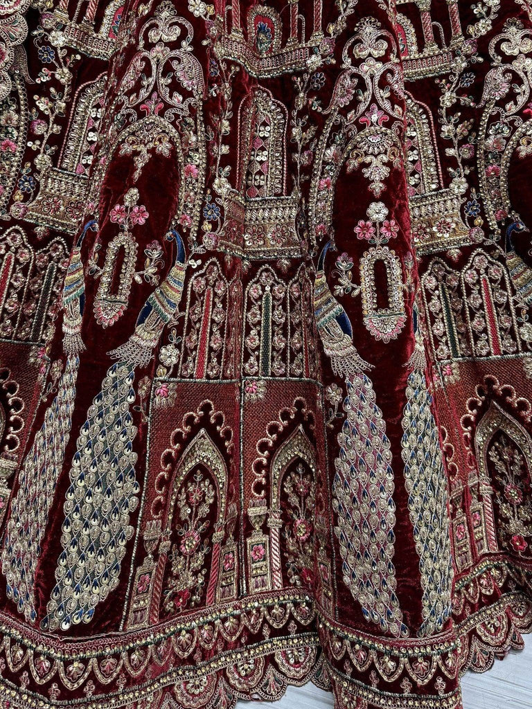 Theatrical Maroon Velvet Bridal Lehenga Choli With Double Dupatta - Ethnic Plus In