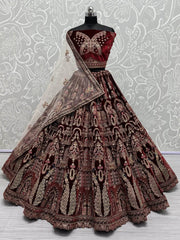 Theatrical Maroon Velvet Bridal Lehenga Choli With Double Dupatta - Ethnic Plus In