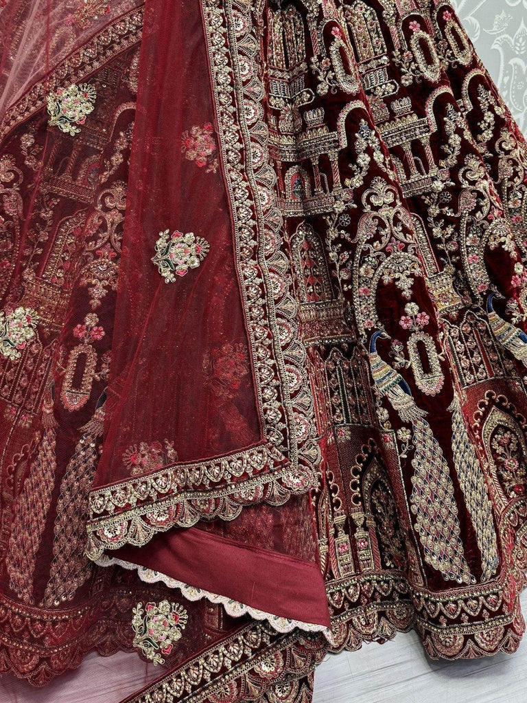 Theatrical Maroon Velvet Bridal Lehenga Choli With Double Dupatta - Ethnic Plus In