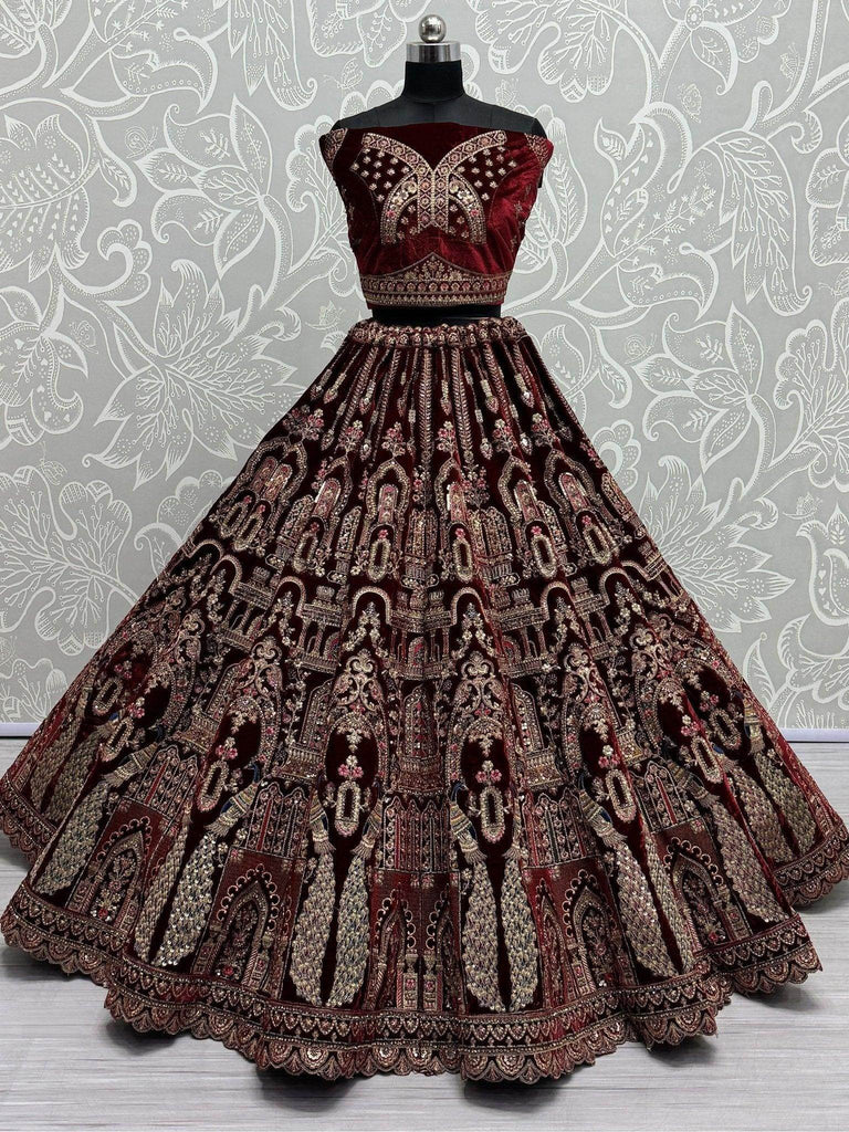 Theatrical Maroon Velvet Bridal Lehenga Choli With Double Dupatta - Ethnic Plus In