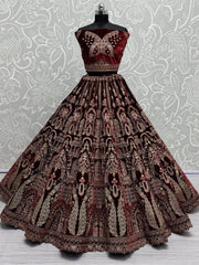 Theatrical Maroon Velvet Bridal Lehenga Choli With Double Dupatta - Ethnic Plus In