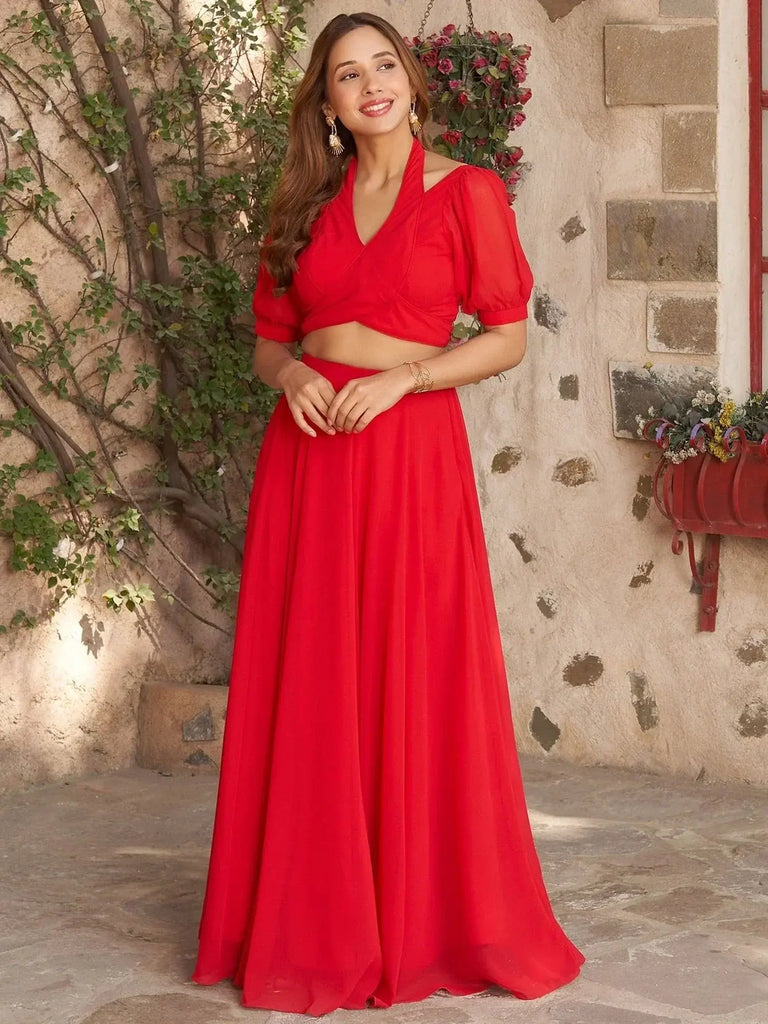 Awesome Red Georgette Party Wear Lehenga With Designer Crop Top