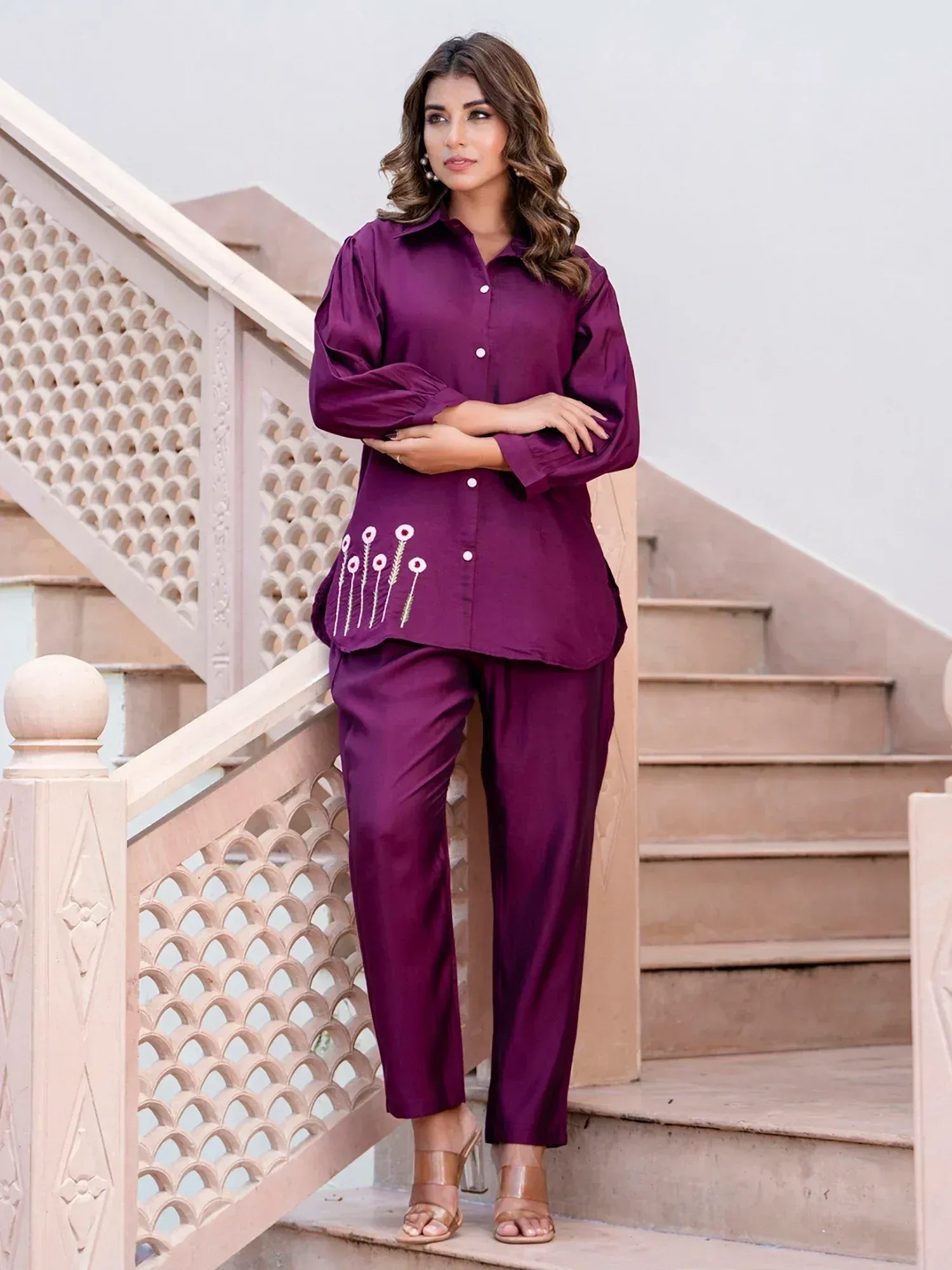 Purple ethnic salwar kameez with floral embroidery, stylish Indian wear for women