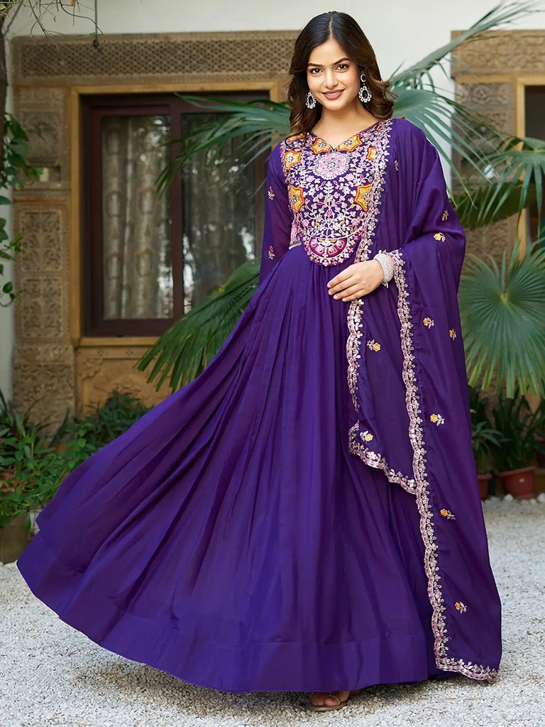 Timeless Purple Thread Embroidered Georgette Gown With Dupatta - Ethnic Plus In