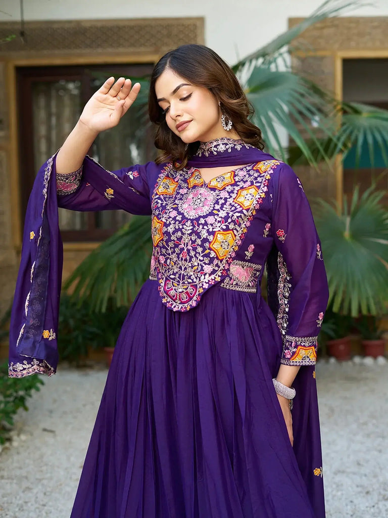 Timeless Purple Thread Embroidered Georgette Gown With Dupatta - Ethnic Plus In