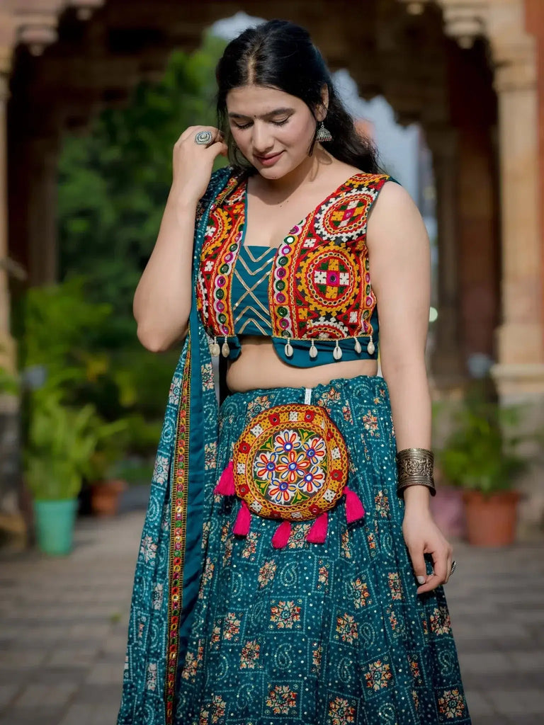Timeless Teal Blue Pure Rayon Printed Navratri Wear Lehenga Choli - Ethnic Plus In