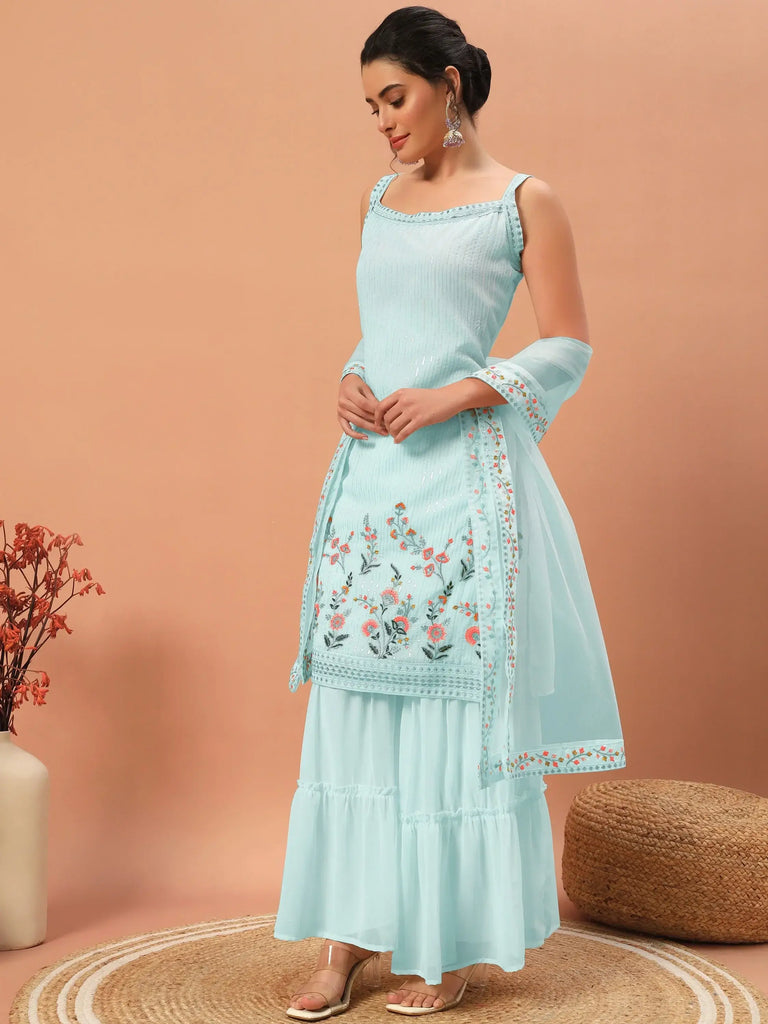 Stunning Blue Embroidered Georgette Festival Wear Sharara Suit