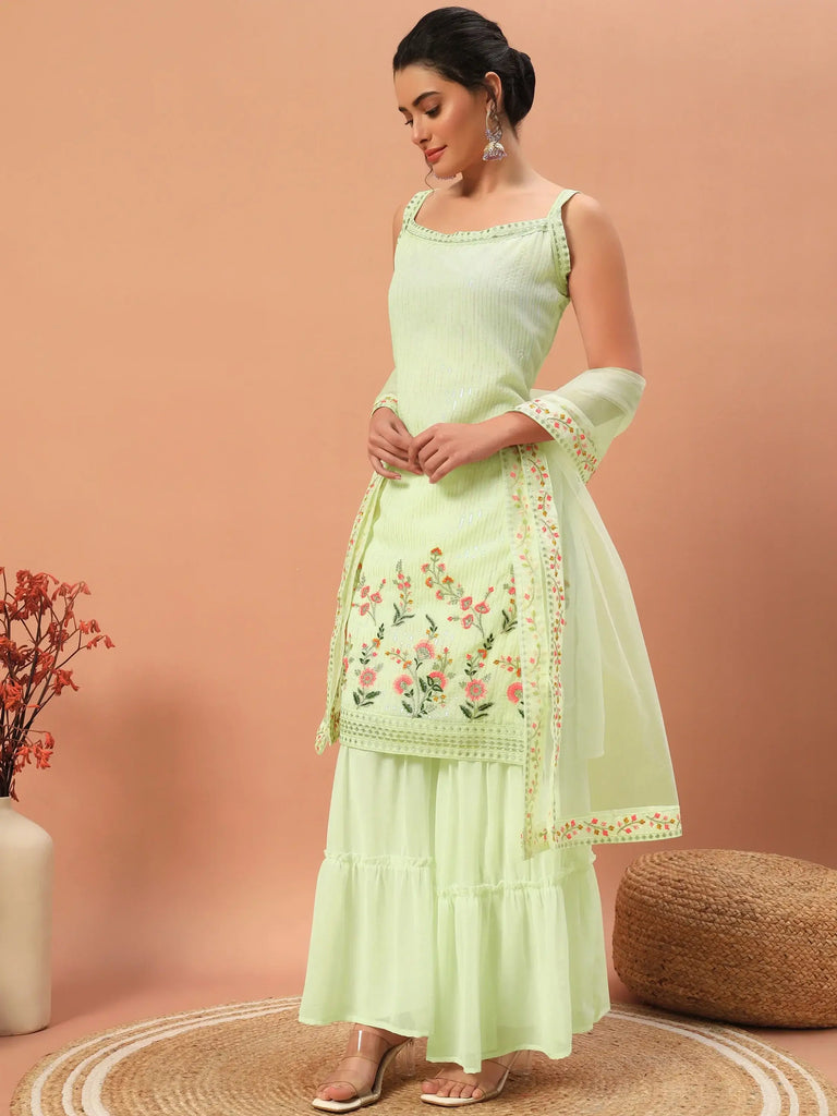 Lovely Pista Green Embroidered Georgette Sharara Suit With Dupatta