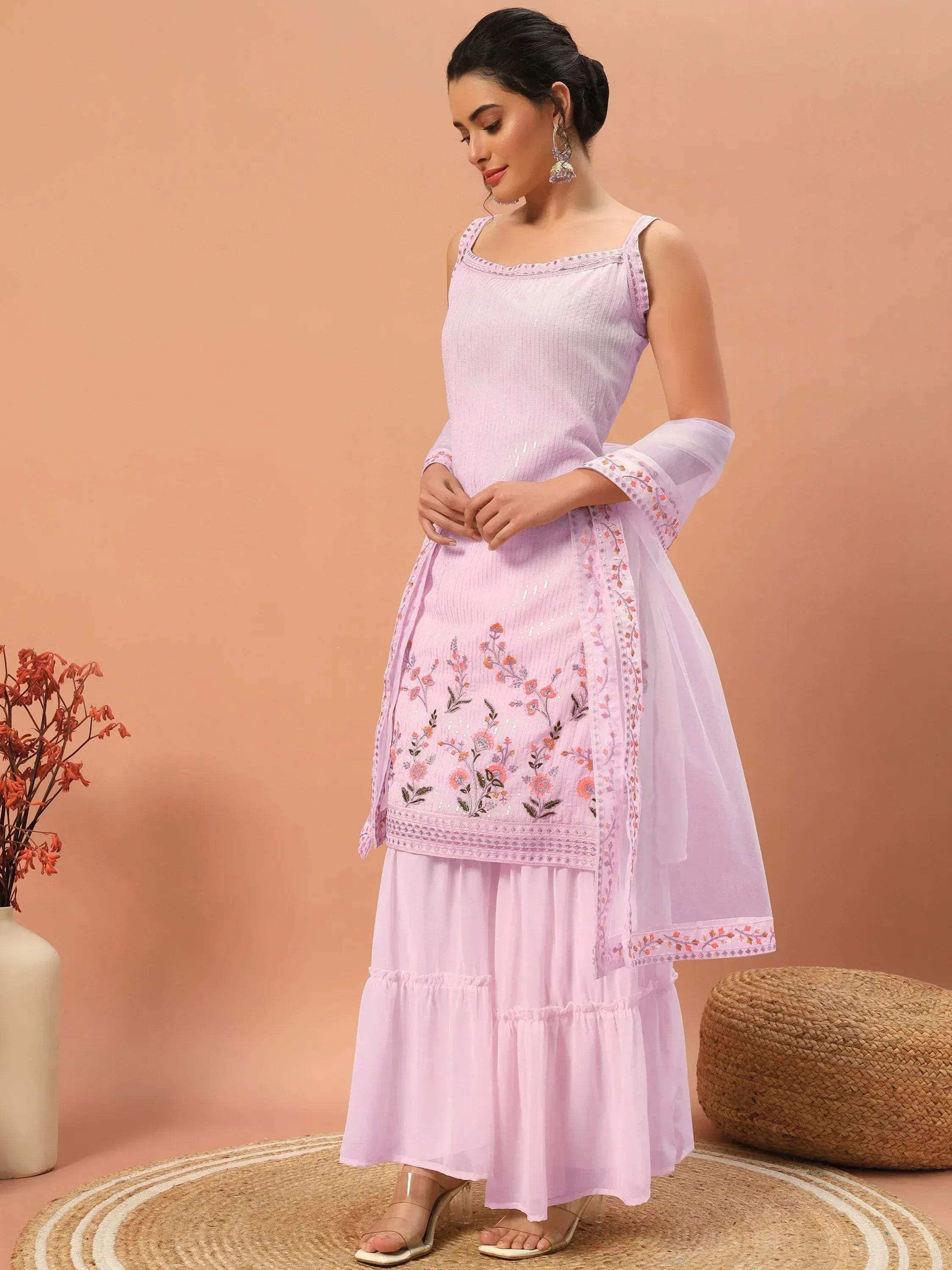 Light purple embroidered salwar kameez with floral dupatta, ethnic Indian wear for women