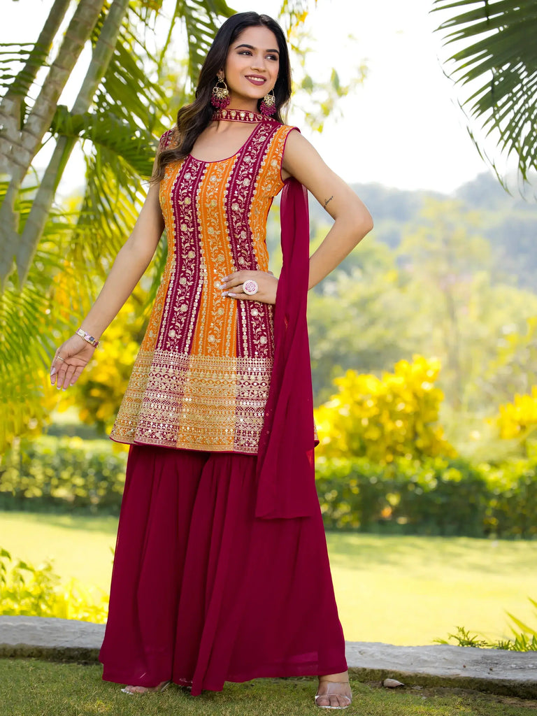 Fascinating Maroon Embroidered Georgette Designer Sharara Suit