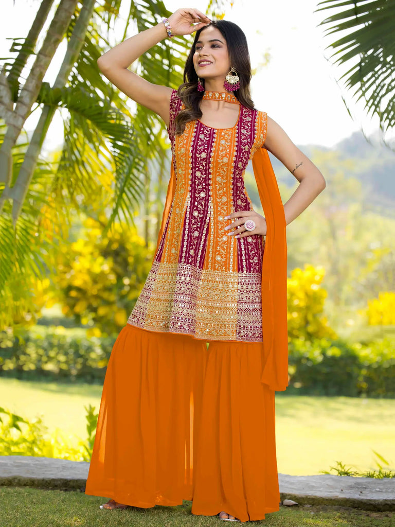 Mesmerizing Orange Embroidered Georgette Haldi Wear Sharara Suit