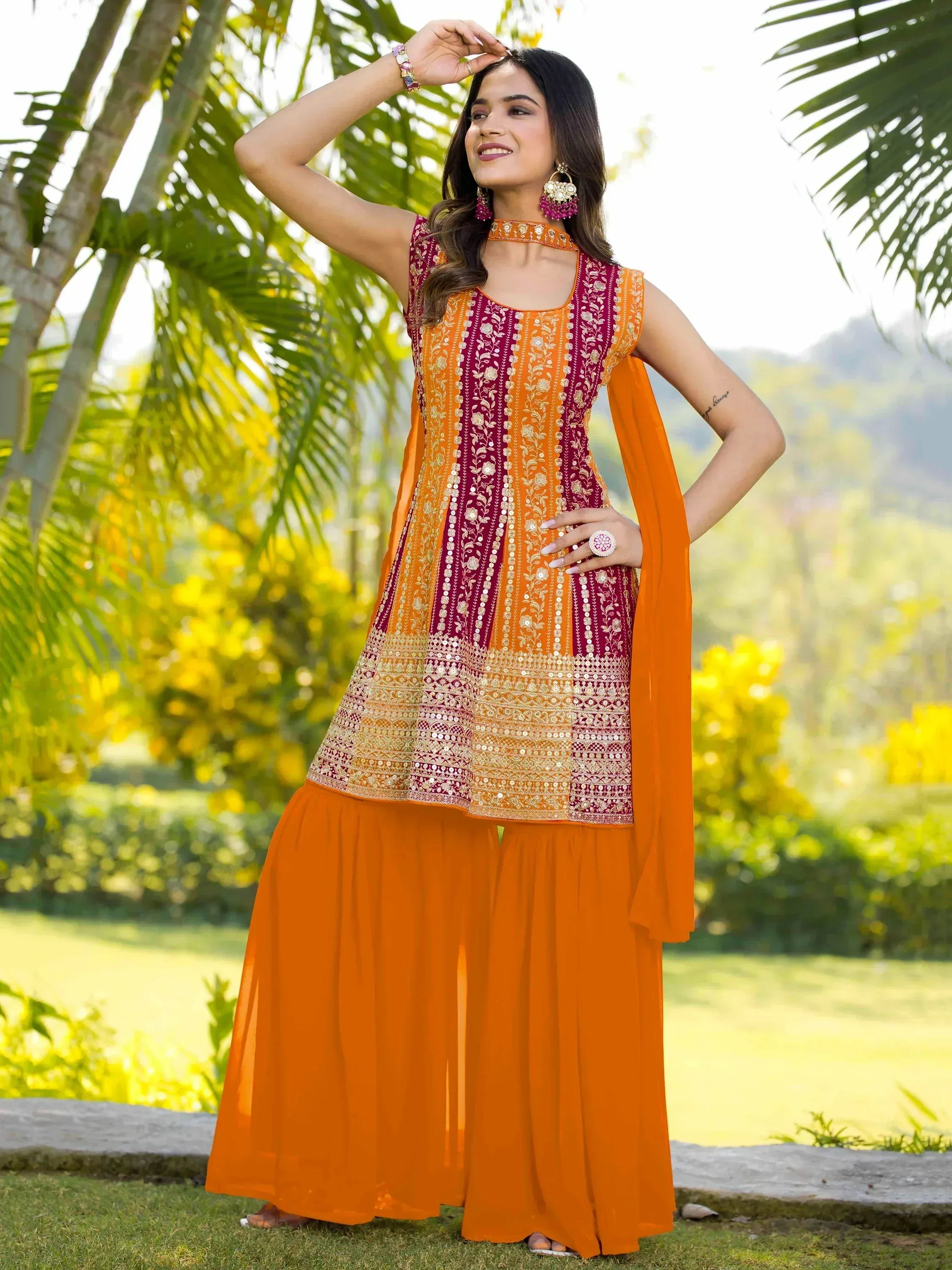 Orange and maroon embroidered ethnic salwar kameez with dupatta, perfect for Indian occasions