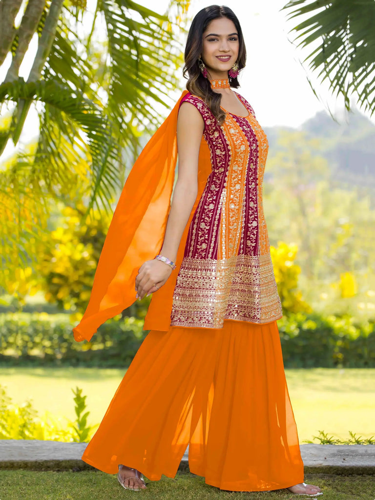 Mesmerizing Orange Embroidered Georgette Haldi Wear Sharara Suit
