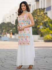 Wonderful Off-White Floral Embroidered Chinon Traditional Palazzo Suit