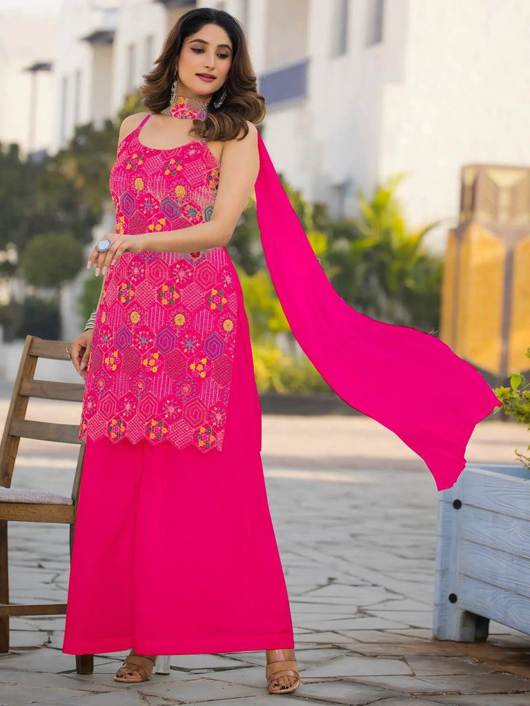 Awesome Pink Floral Embroidered Chinon Palazzo Suit With Dupatta