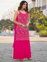 Awesome Pink Floral Embroidered Chinon Palazzo Suit With Dupatta
