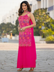 Awesome Pink Floral Embroidered Chinon Palazzo Suit With Dupatta