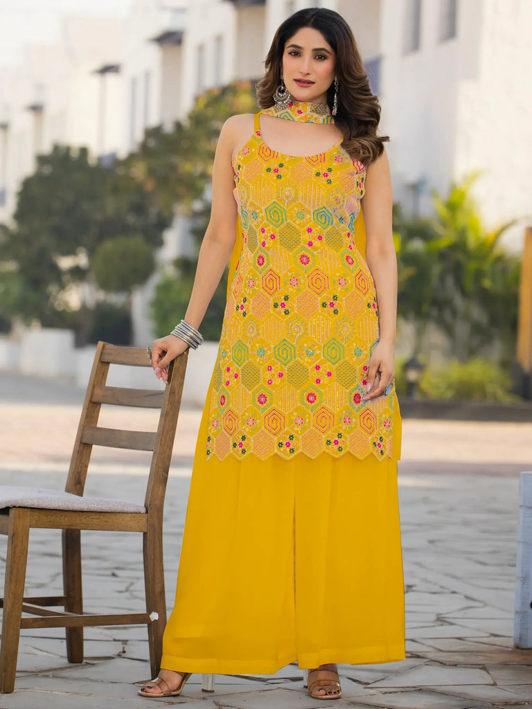Fabulous Mustard Yellow Chinon Haldi Wear Palazzo Suit With Dupatta