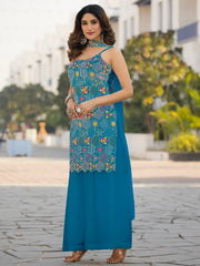 Incredible Blue Floral Embroidered Chinon Festival Wear Palazzo Suit
