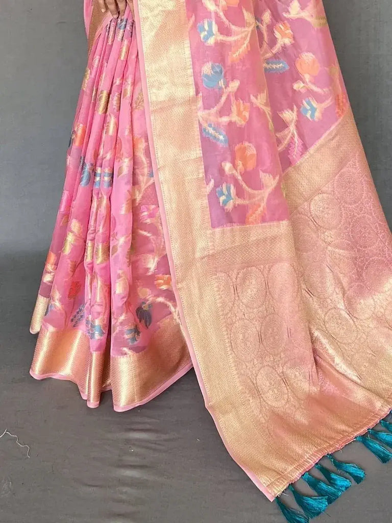 Beautiful Pink Zari Woven Organza Occasion Wear Saree