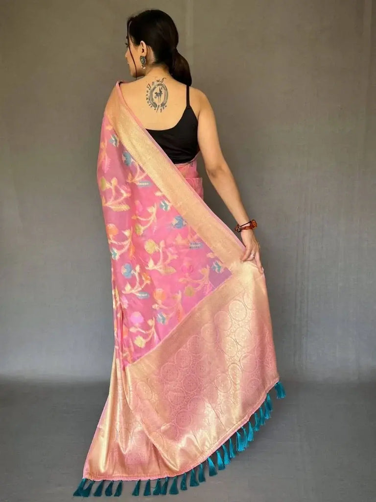 Beautiful Pink Zari Woven Organza Occasion Wear Saree