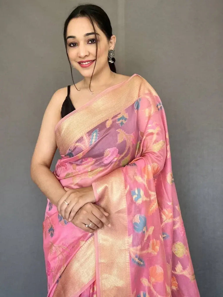 Beautiful Pink Zari Woven Organza Occasion Wear Saree