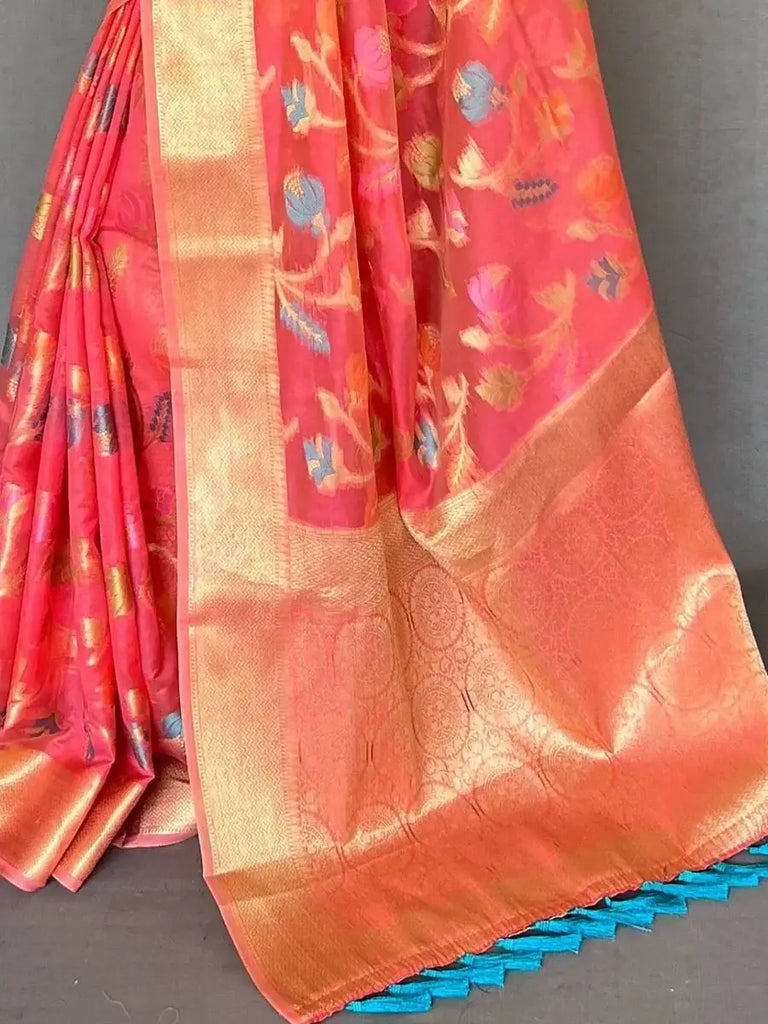 Stunning Pink Zari Woven Tissue Silk Occasion Wear Saree