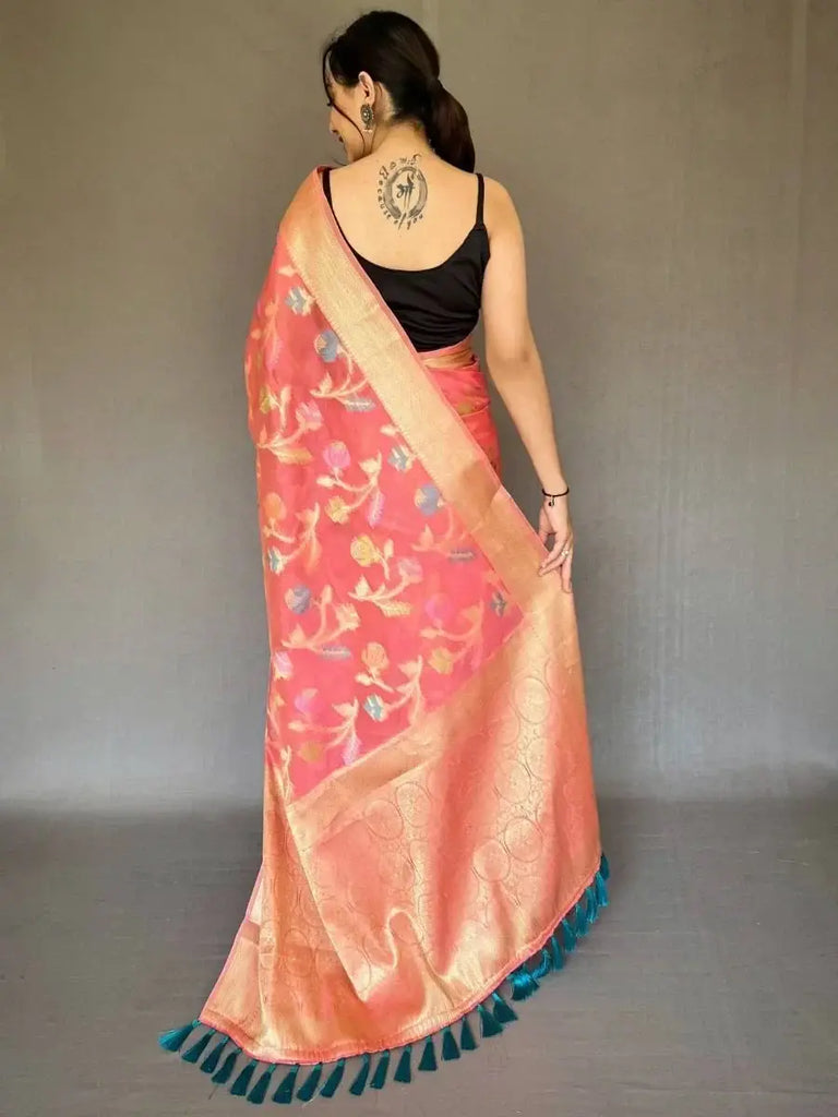 Stunning Pink Zari Woven Tissue Silk Occasion Wear Saree