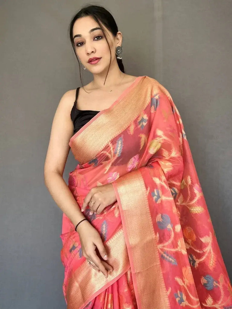 Stunning Pink Zari Woven Tissue Silk Occasion Wear Saree