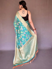 Captivating Teal Blue Woven Tissue Silk Festival Wear Saree