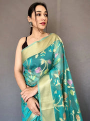 Captivating Teal Blue Woven Tissue Silk Festival Wear Saree