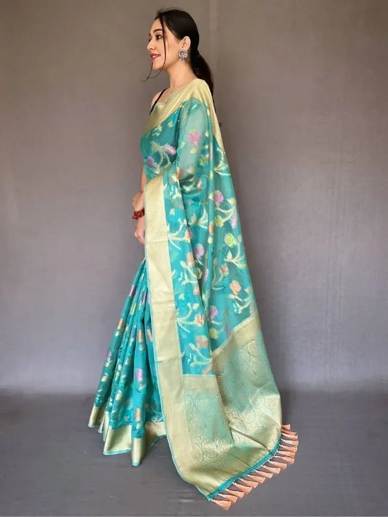 Captivating Teal Blue Woven Tissue Silk Festival Wear Saree