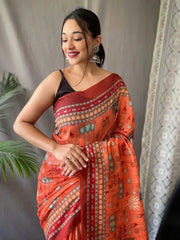 Perfect Orange Kalamkari Print Cotton Occasions Saree With Blouse