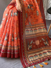 Perfect Orange Kalamkari Print Cotton Occasions Saree With Blouse