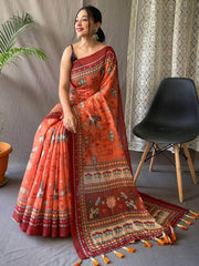 Perfect Orange Kalamkari Print Cotton Occasions Saree With Blouse
